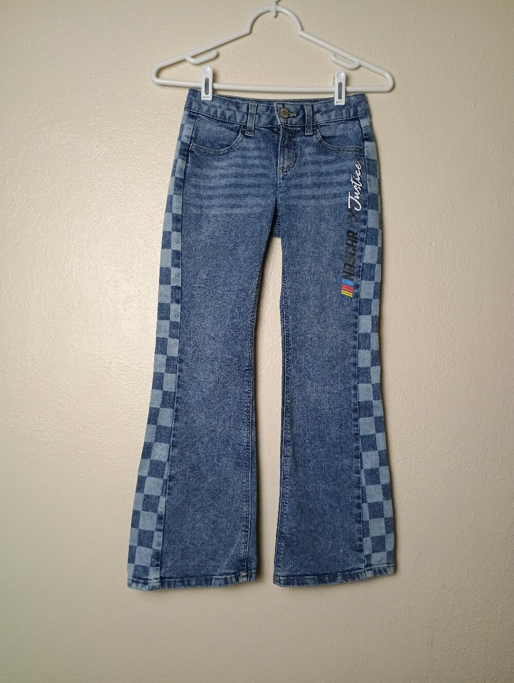 Girls' Nascar x Justice Collaboration Flared Blue Denim Jeans Checkerboard Panel